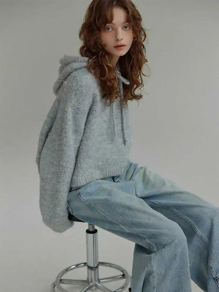 French Grey Drawstring Knitted Sweater For Women'S Autumn And Winter Fashion Hooded Loose Short Top