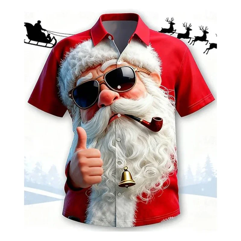Kaos Natal Santa Claus Ekspresi Lucu untuk Pria, Kerah Pendek Lengan Merah, Hadiah Festival Natal, Atasan Pesta