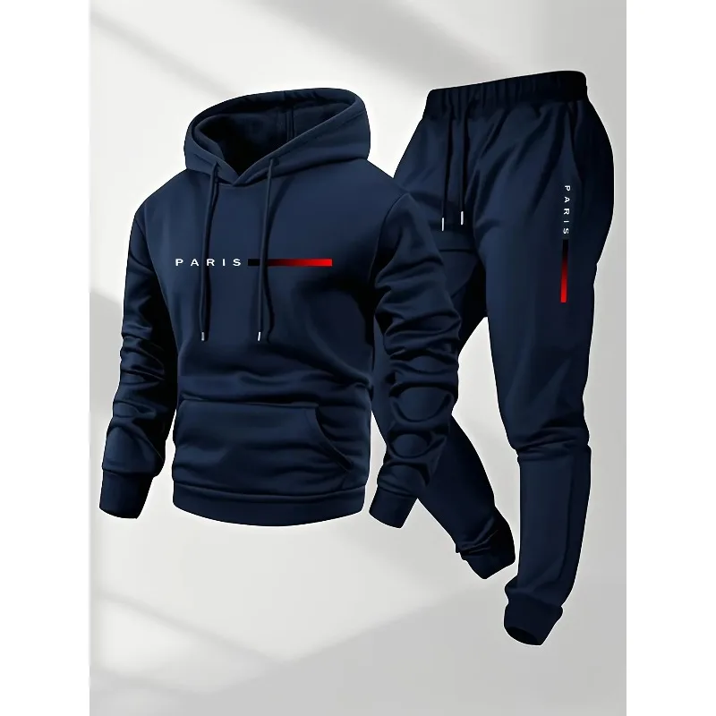 Set pakaian olahraga pria musim gugur dan musim dingin dengan motif huruf, hoodie dan celana, hangat dan tahan angin.