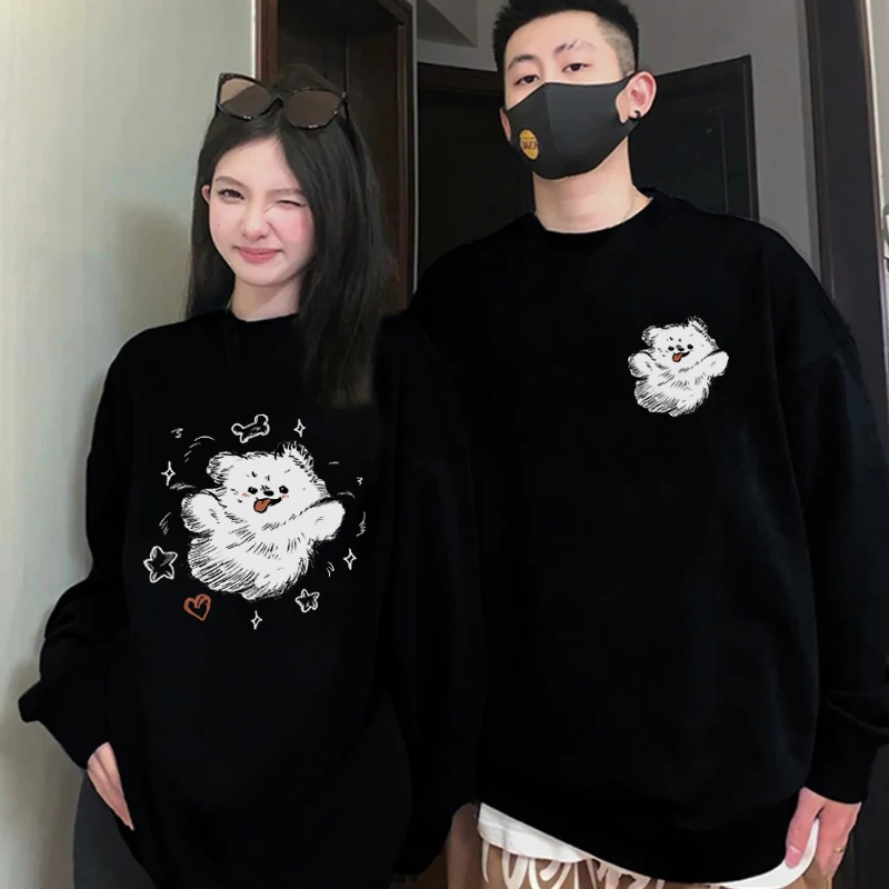 Couple Sweater Spring and Autumn 2024 New High Quality Hoodies Excited Puppy Pattern Crew Neck Sweater