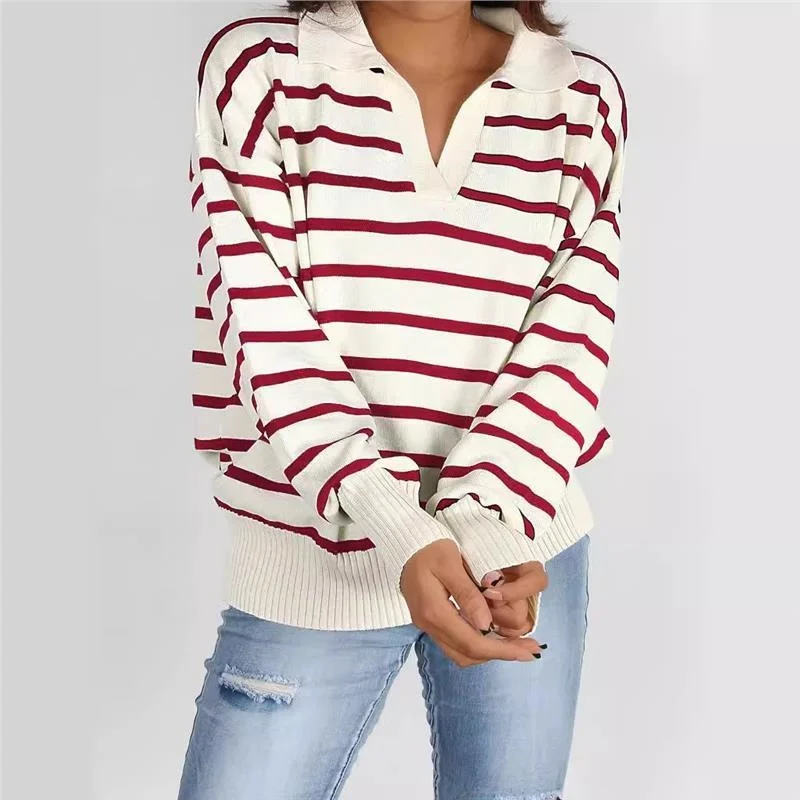 

Autumn Winter Women's Knitted V-ne T-irt Stripe Intermittent Color Knitted Sweater Long Sve Commute Sle PU Material