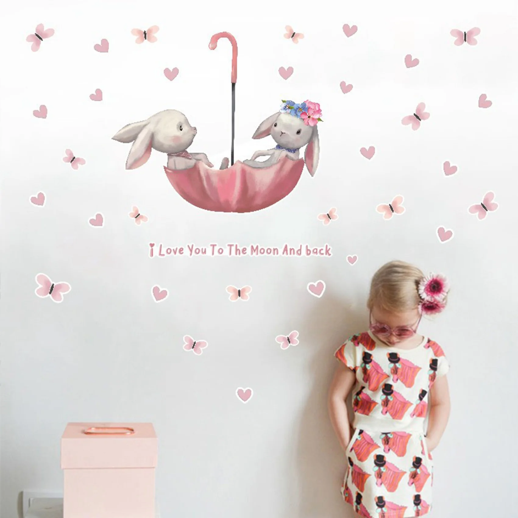 Cartoon Rabbit Butterfly Umbrella Bunny Wall Stickers for Kids Room Baby Room Decor Wall Decals Room Interior