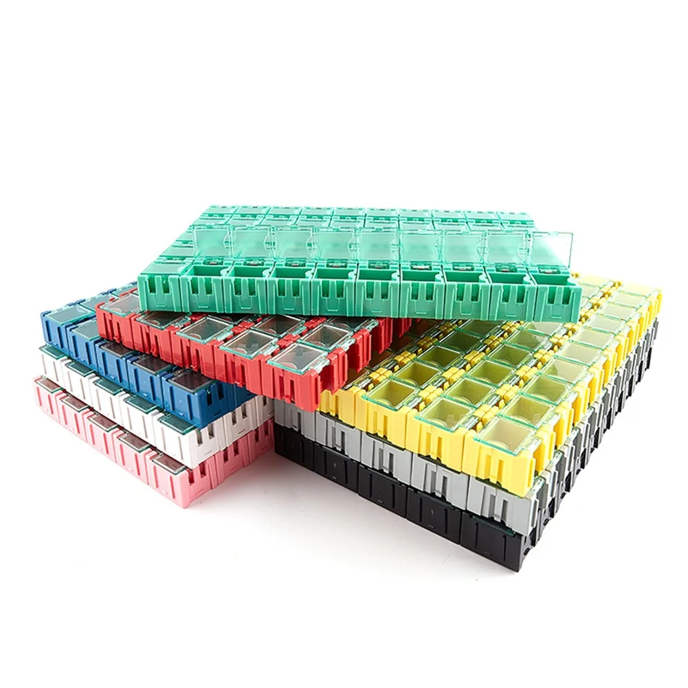50pcs SMDs Component Storage Boxes Plastic Container Case Kit Secure Closure Assorted Colors Electronic Parts Organizer