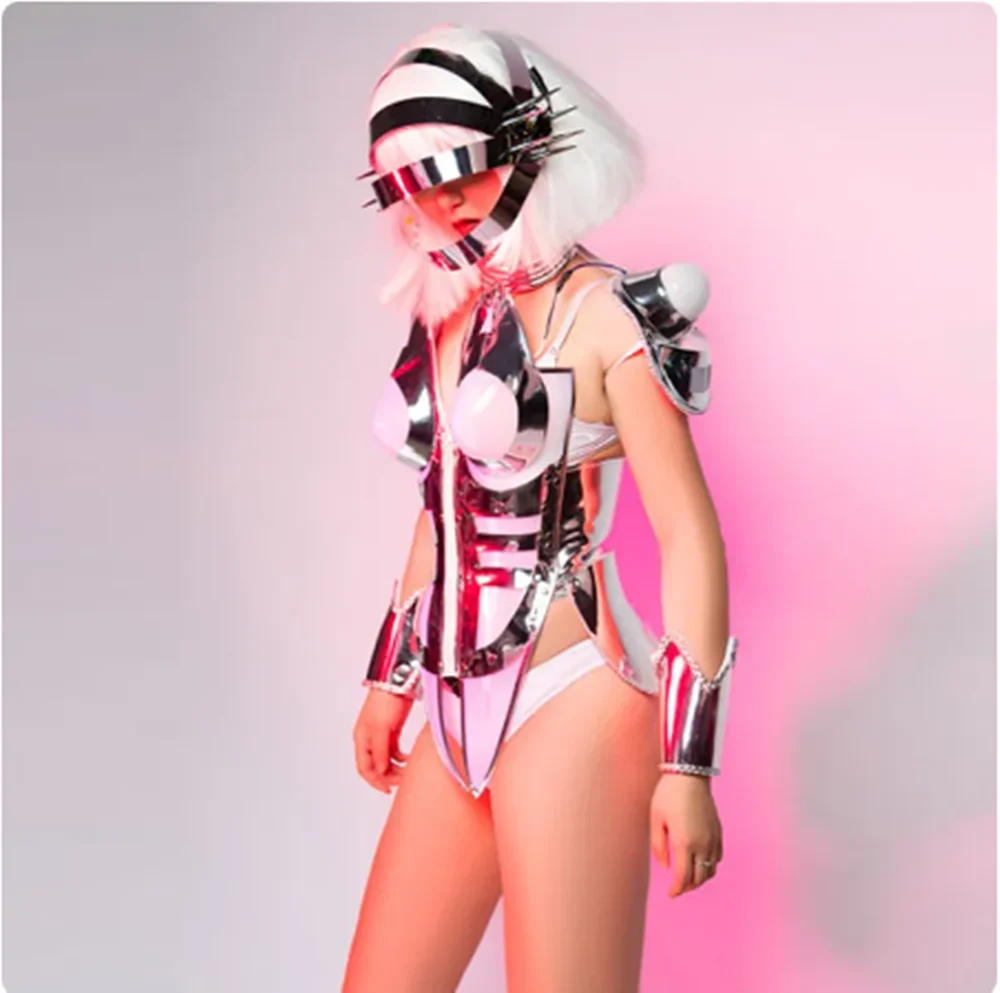 2025 Punk Future Technology Armor Rivet Helmet Nightclub Bar Gogo Dancer Stage Costume Cosply Outfit Drag Queen Clothes yj079