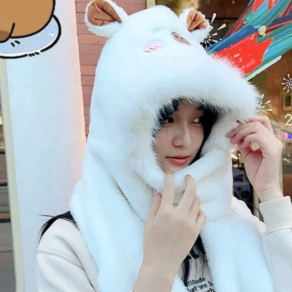 Fashion Faux Rabbit Hair Capybara Hat Scarf Gloves Set Korean Style Soft 3 In 1 Hat Warmer Ear Big Pullover Hat Gifts