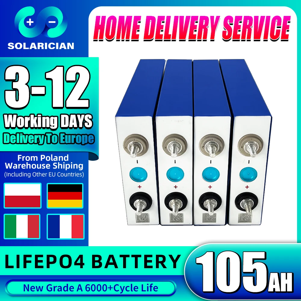 Stock ue 105Ah LiFePO4 batterie nouveau 3.2V Lithium fer phosphate cellules rechargeables LFP bricolage 12V 24V 48V pour cellules solaires de moto