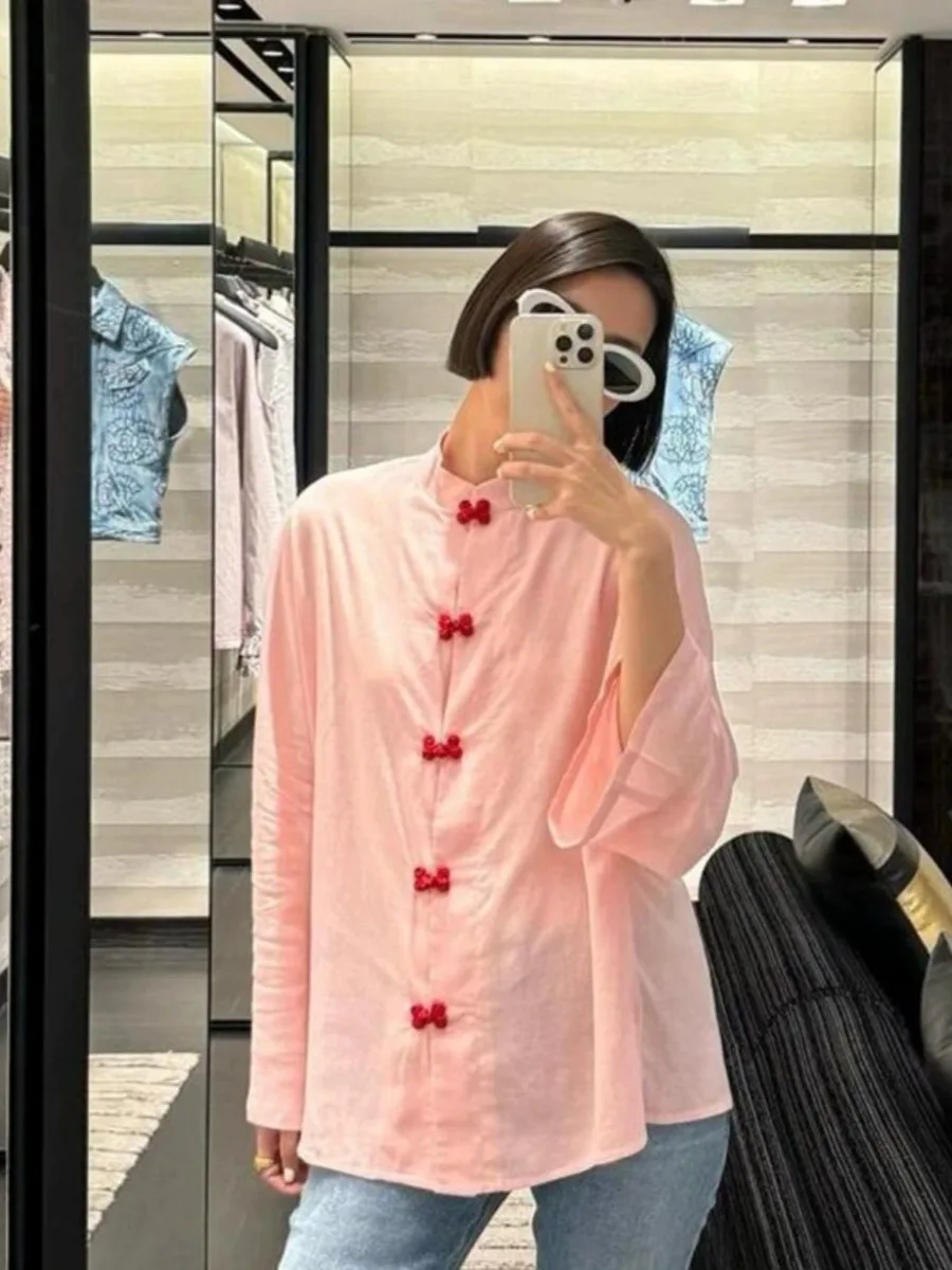 الوردي الكتان irt Mei Ding Sle زر حتى عارضة تنفس طويلة Sve المرأة فضفاضة تناسب irt عطلة ارتداء الذقن التقليدية...