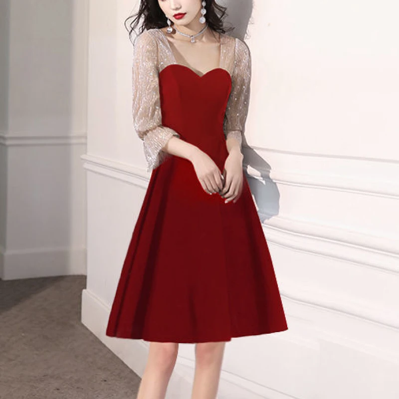 

High Quality Women Red Patchwork Mesh Sleeve Slash Neck Sexy Midi Dress 2023 Summer New Black Vintage Casaul Party Wedding Dress