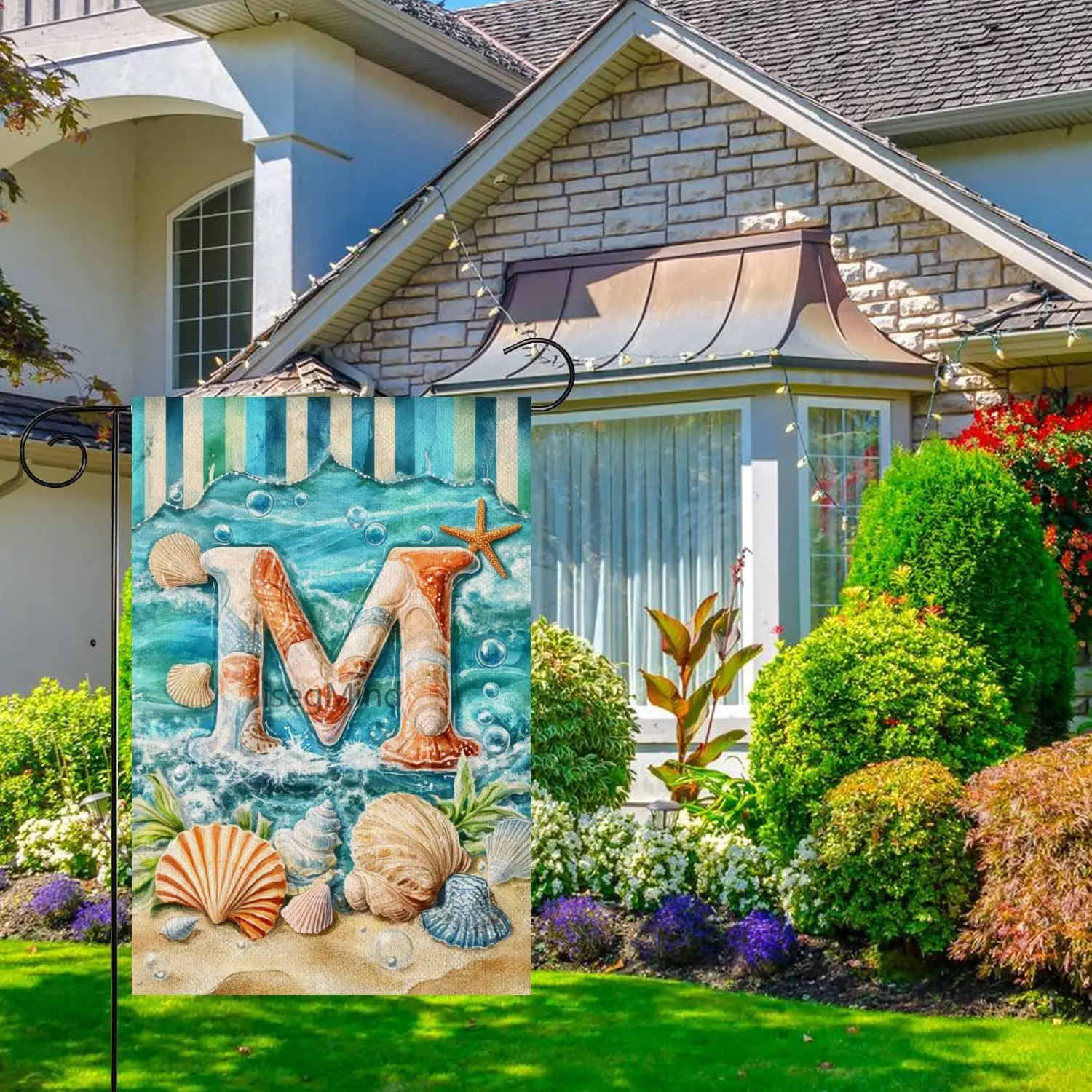 Summer Monogram Letter M Garden Flag Beach Seashells 12x18 Vertical Double Sided Fall Decor Outside Decorations Small Linen  EEZ