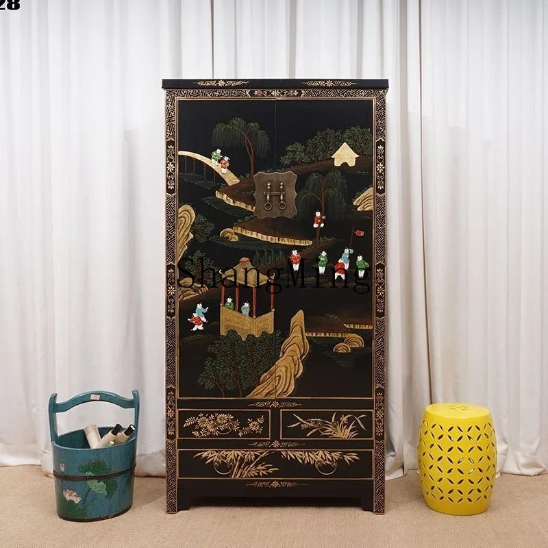 SM Chinese-style solid wood home bedroom retro elm painted gold-painted wardrobe large-capacity storage