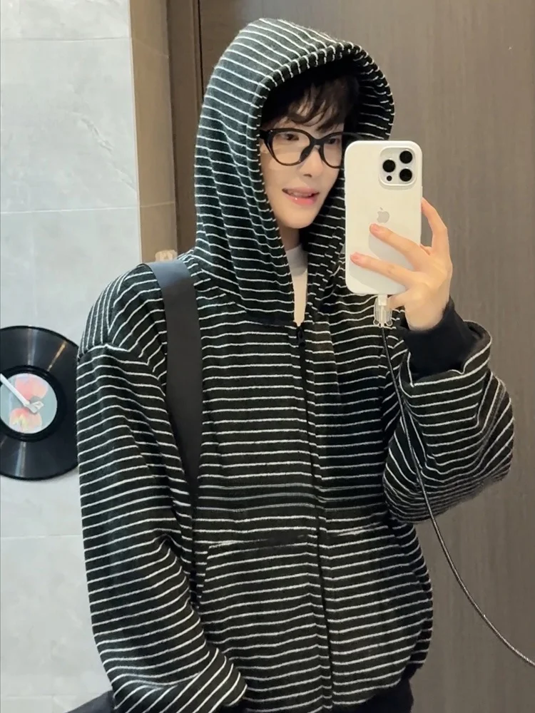 

Retro American Sle Fce Lined Thiened Hooded Open Cardigan Men Women Casual Striped Jaet Winter Warm Comfortable Leisure
