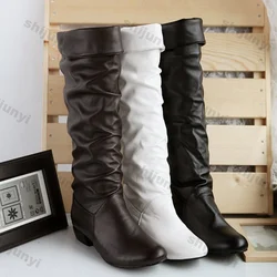 Women's Long Boots Autumn Winter New Thigh High Boot Women High-Tube Brown Pu Leather Boot Woman Slip on Low Heels Botas Mujer