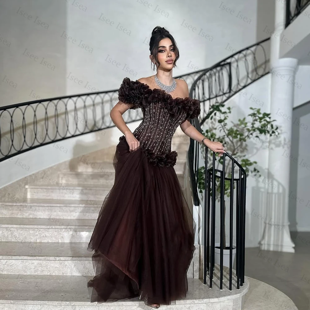 Customized Dubai Off Shoulder Evening Dresses Rhinestone Flower Crystal فساتين سهرات Brown Formal Occasion Dresses