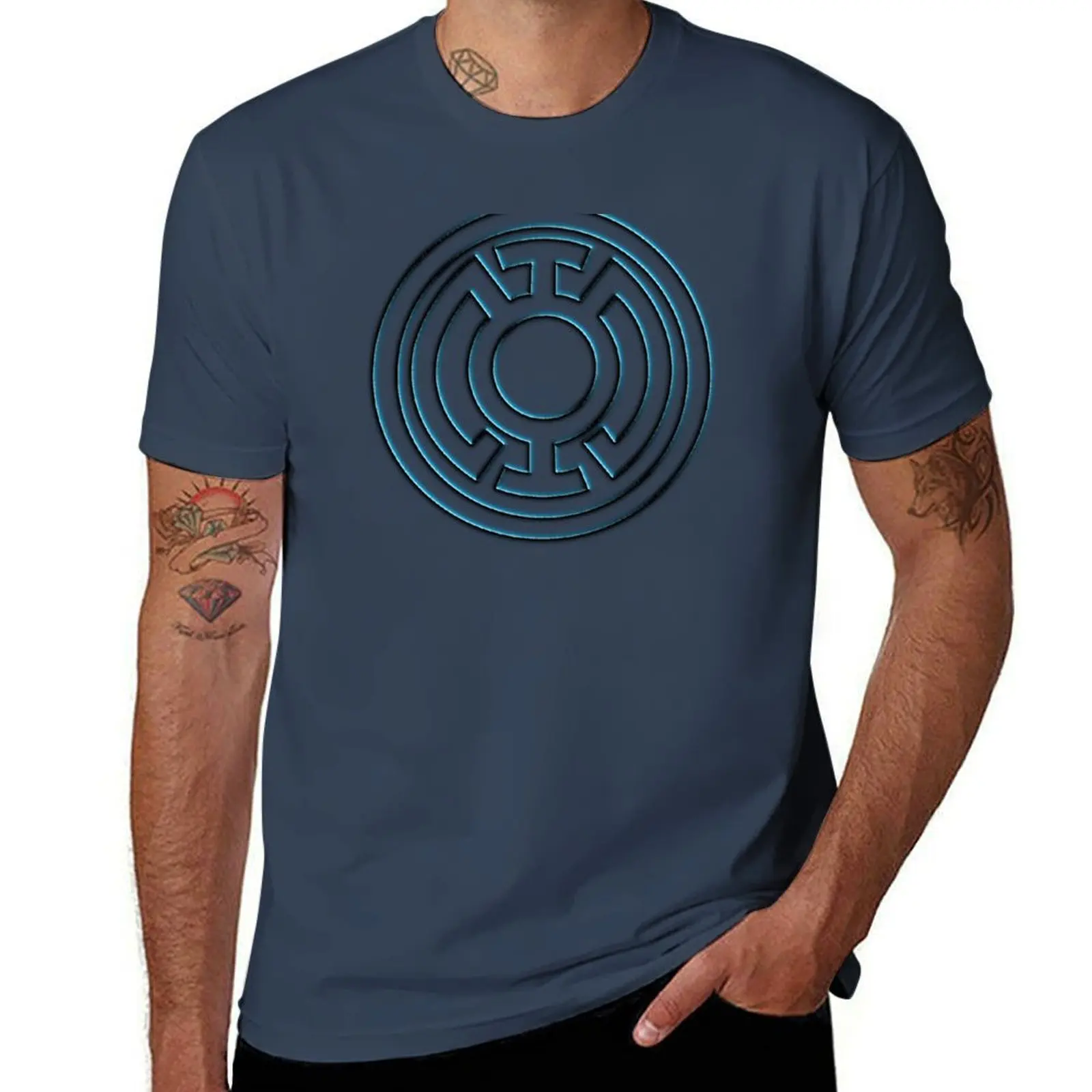 Embossed Blue Lantern Symbol T-Shirt Relaxed Fit Casual Short Sleeve Top