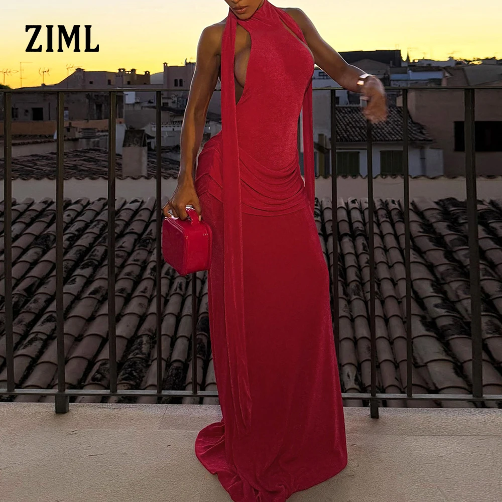 

ZIML однотонные утягивающие платья с открытой спиной и складками для женщин, темпераментное платье без рукавов с круглым вырезом и высокой талией, женская мода