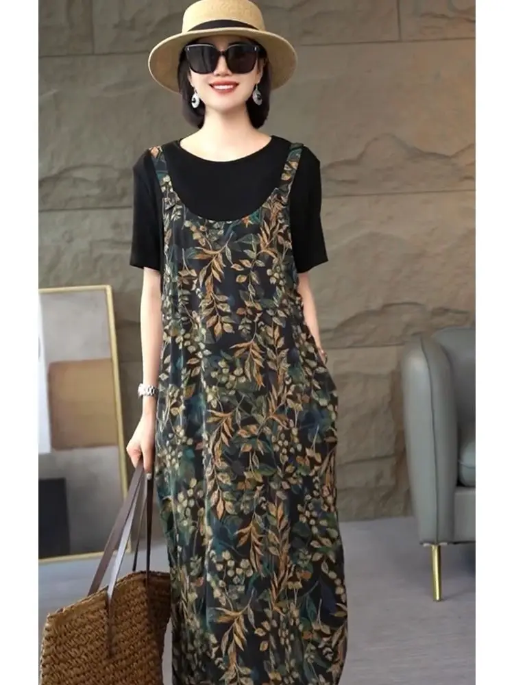 

New Chinese Style Spliced short-sleeved Fake Two-piece Dress in Summer New Style Slim Mid-length Skirt