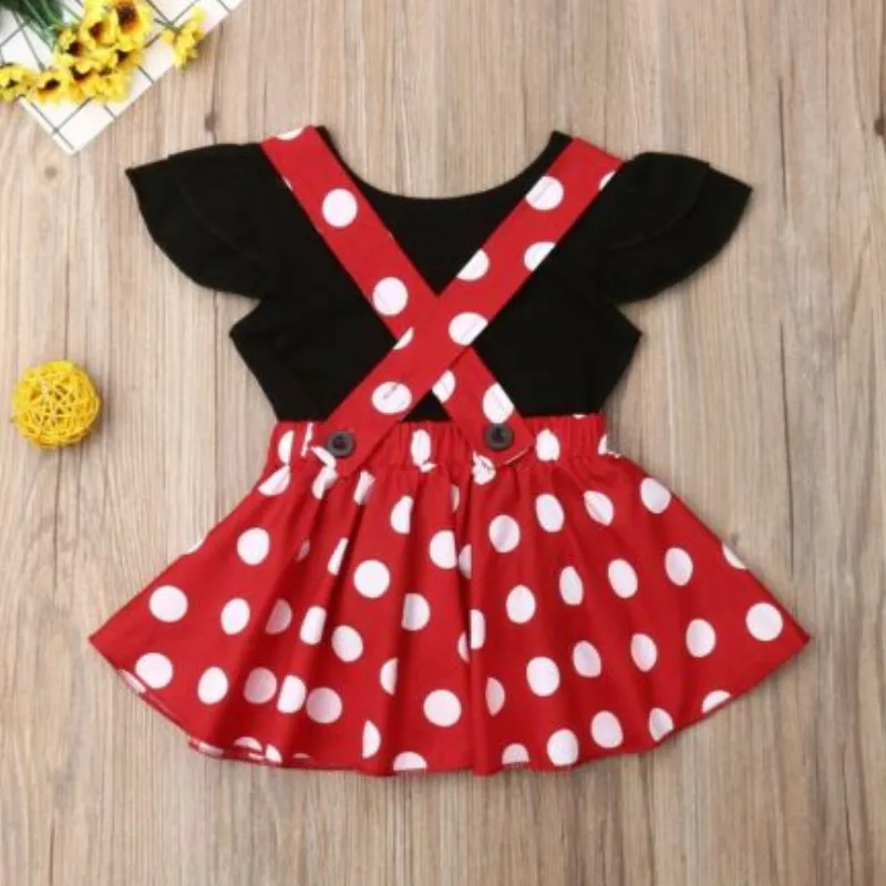 RUEWEY 6 Months to 3 Years Baby Girls Fashion Dress Set Flying Sleeve Round Neck Short Sleeve Top Wide Strap Polka Dot Skirt