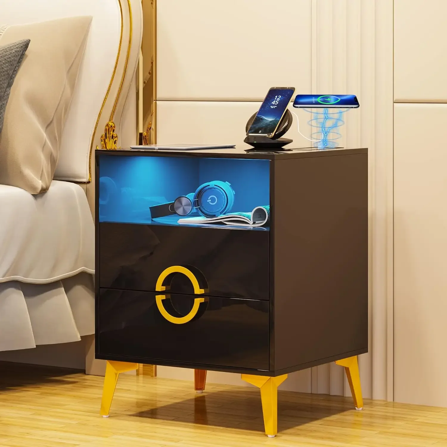 

Nightstand with Wireless Charging Station for Bedroom Furniture, Auto Sensor LED 3 Color Dimmable High Gloss Black Modern Bedsid