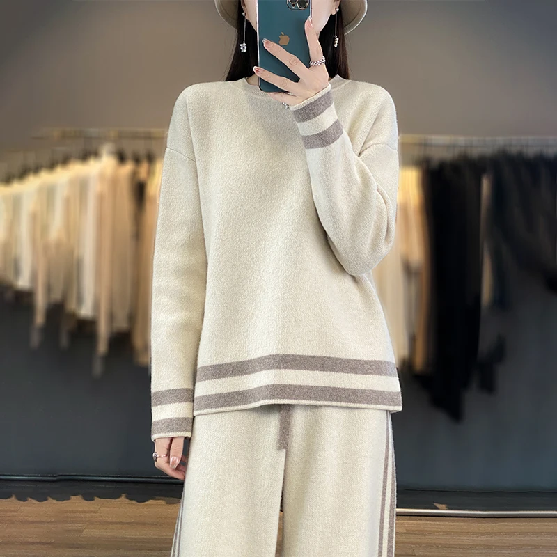 Women Suits 100% Wool Knitting Pant Ladies Sweater+Wide Leg Pants Autumn Winter Solid Color Soft Warm Pullovers for Female YP01