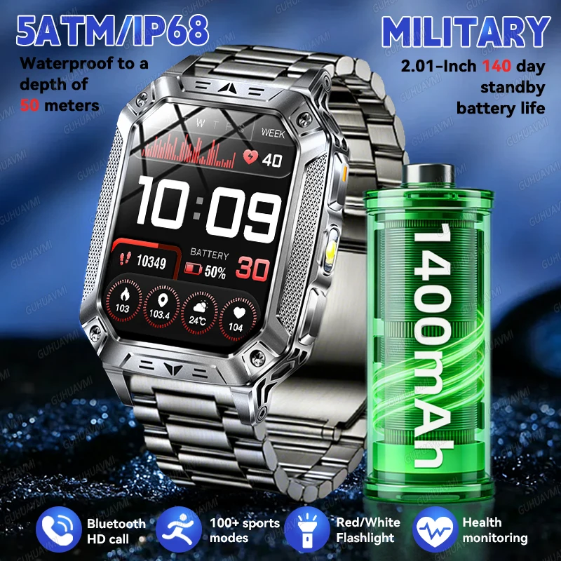 

1400mAh Battery Smart Watch 2.01-Inch Large Screen 5 ATM Waterproof Military Sport Smart watch 2026New Android IOS USB Charging
