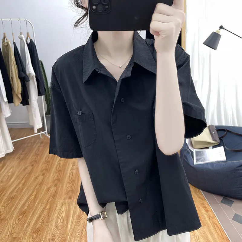 2024 New Summer Elegant Fashion High Waist Women's Shirt Korean Style Retro Loose Casual Short Sleeve Polo Neck Y2K Chic Tops