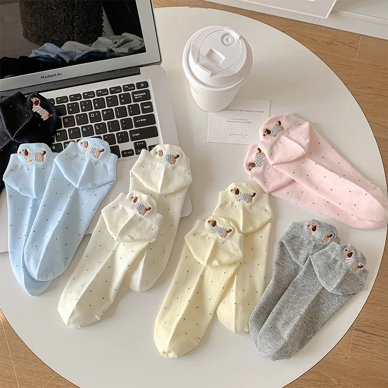 Spring Summer Thin Women Short Socks Polka Dots Cute Cartoon Sausage Dog Embroidery Boat Socks Pure Cotton Short Trendy Socks image 3
