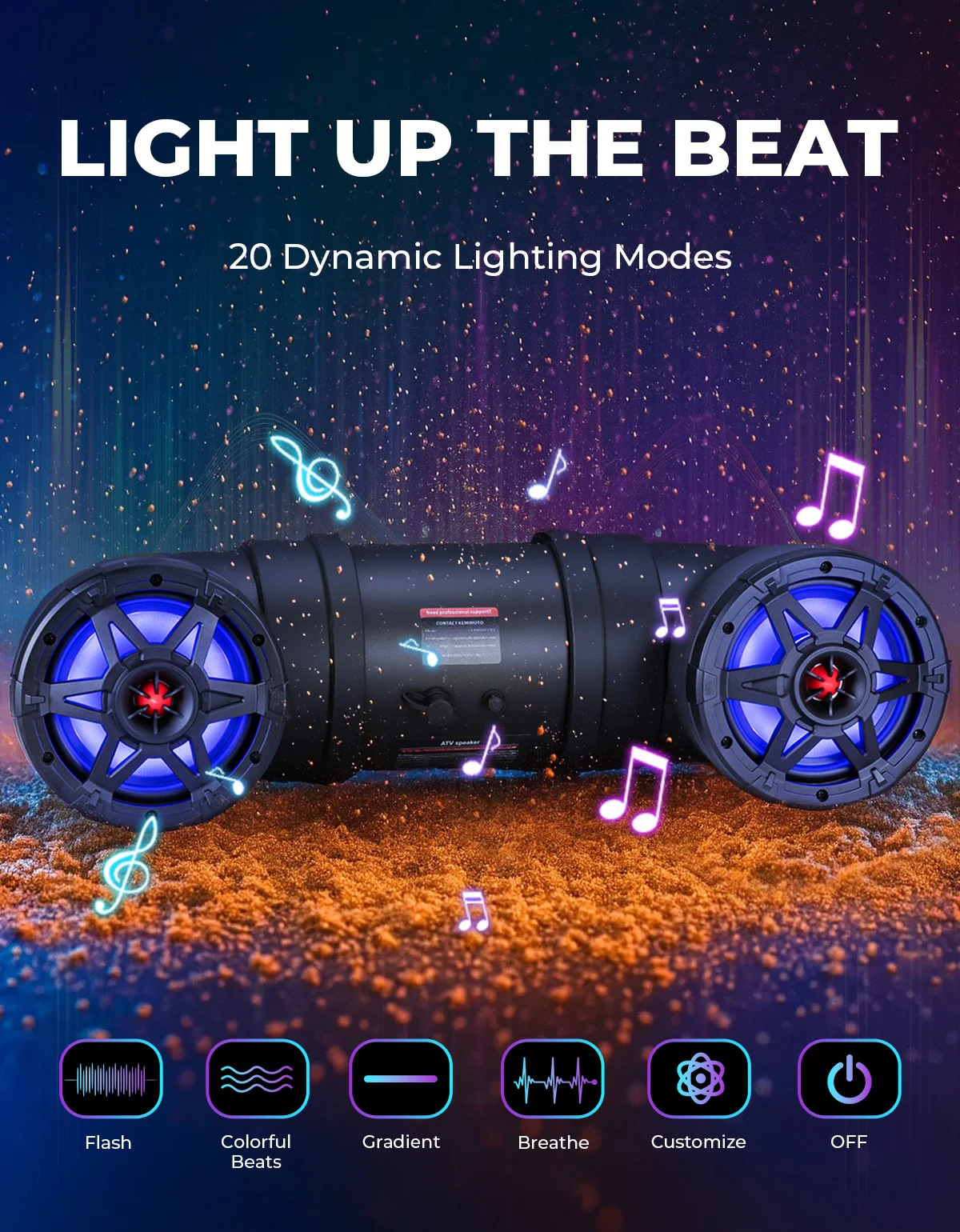 ATV UTV Dual 8.0in Speakers with LED Lights Bluetooth Remote Control Waterproof Audio System Easy Install for 12V Vehicle
