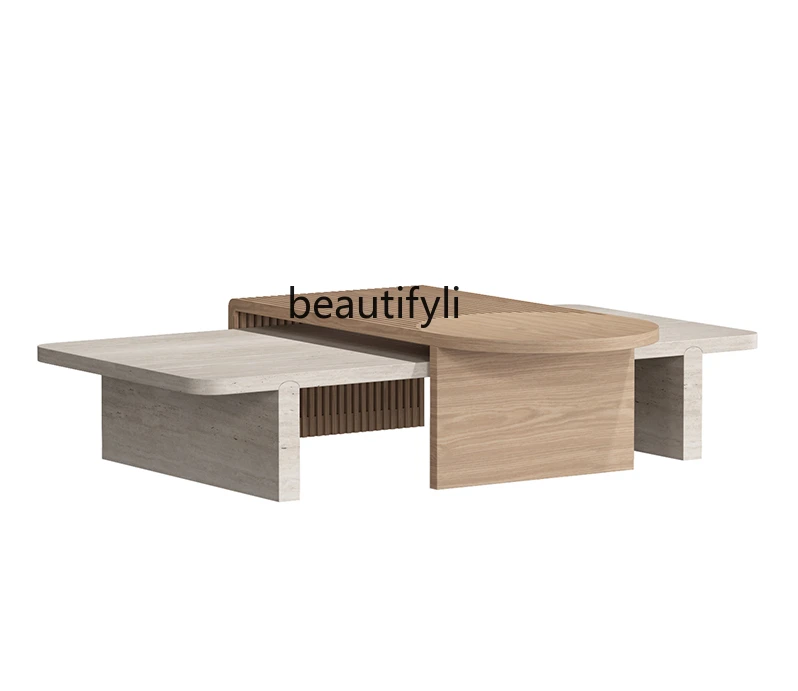 

Minimalist Italian Coffee Table Solid Wood Natural Cave Stone Combination Personalized Creative Design Living Room Coffee Table