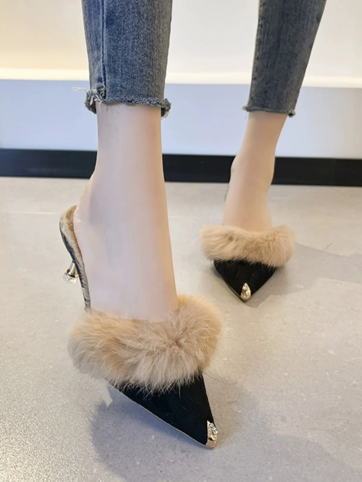 Furry High Heel Slippers Women Fashion Outer Wear Autumn and Winter All-Match Pointed Toe Thin Heeled Closed Toe Muller Warm ...