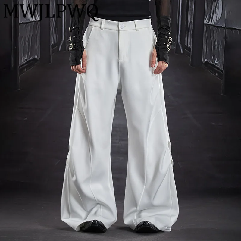 

MWJLPWQ Pleated Design Layered Men's Beautiful Versatile Loose Flared Trousers High Street Solid Color Casual Chic Pants 12847