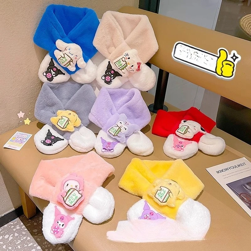 

Miniso осенне-зимний детский плюшевый шарф для мальчиков и девочек, новый ветрозащитный теплый милый шарф Sanrio с перекрестным воротником