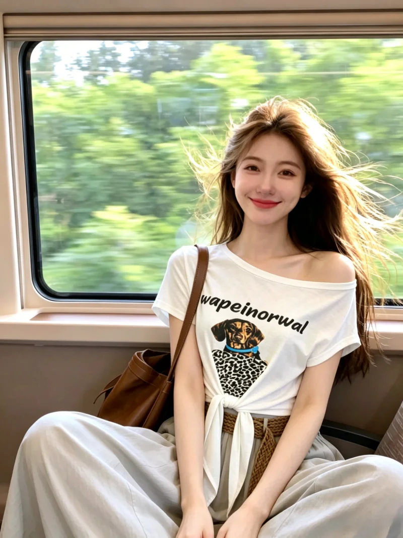 

Summer New Style Women's T-shirt Cartoon Print Halter Neck Self-Keeping Design Spicy Girl Fashion Versatile Short Sleeve Top