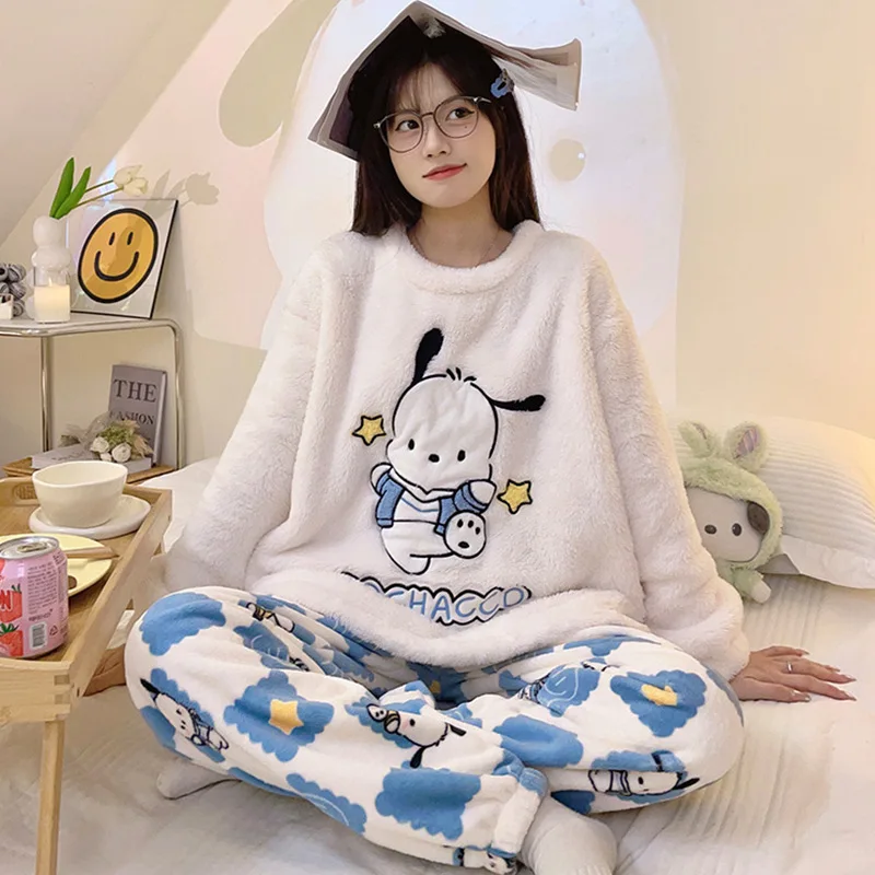 Sanrio Cartoon Pochacco Cute Plush Pajamas Female Coral Fleece Winter Thicken Homewear New Fashion Warm Flannel Lounge Clothes