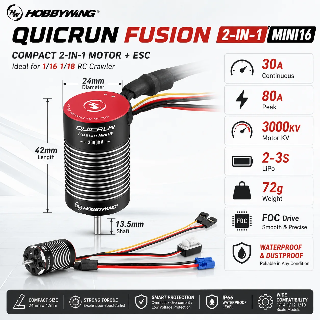 HOBBYWING QUICRUN Fusion 2-IN-1 Mini16 30A 3000KV Waterproof Brushless Sensored Motor ESC for 1/16 1/18 RC Crawle Car Upgrade