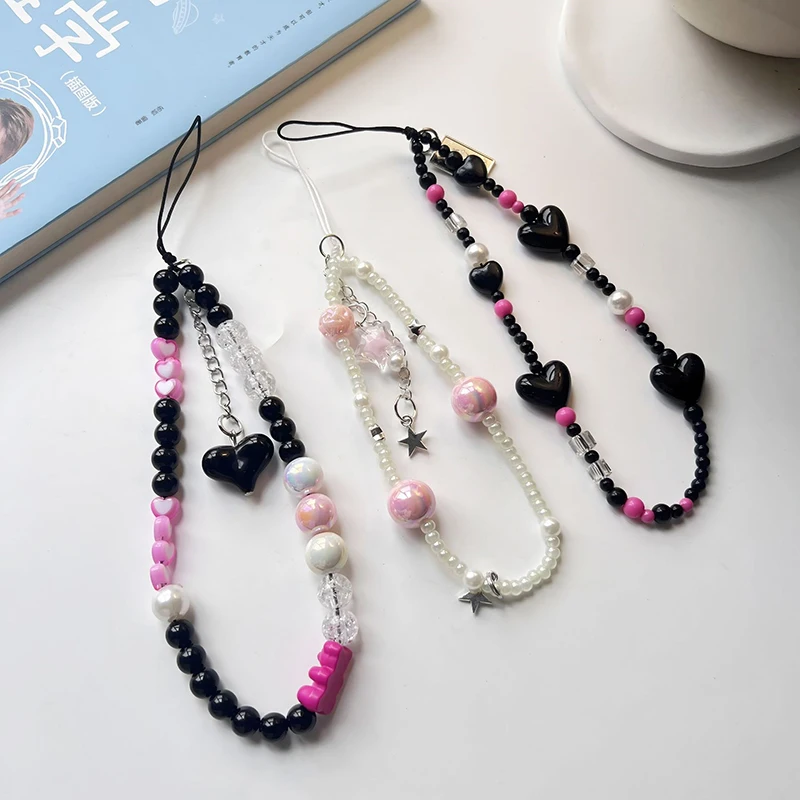 Y2k Bowknot Phone Chain Sweet Cool Beads Pendant Earphone Case Charm Anti-Lost Lanyard Wrist Strap Bag Decor