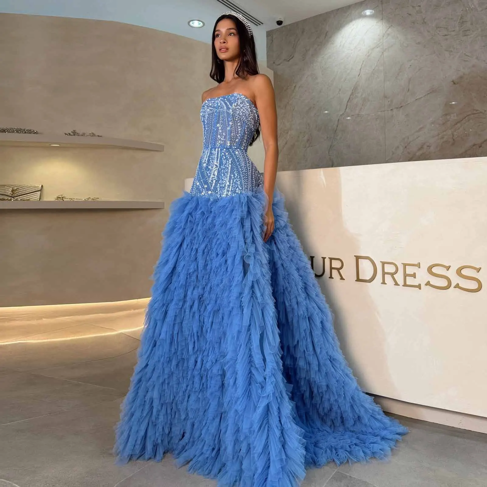 Luxury Blue Ruffles Tulle Evening Dresses 2025 Beaded Lace Floor Length Long Formal Party Dress Arabic Prom Gown فساتين سهرة