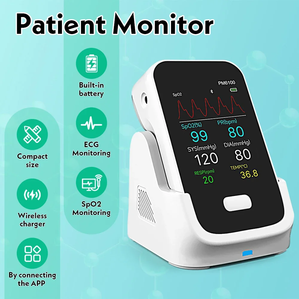 Monitor de paciente portátil 6 em 1, multiparâmetro, ECG HR NIBP SpO2 P TEMP, monitoramento em tempo real com aplicativo Bluetooth para Android iOS