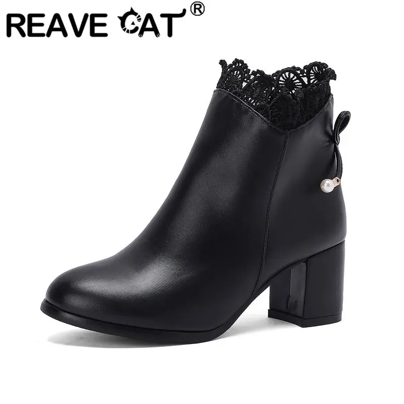 

REAVE CAT Sweet Women Ankle Boots Round Toe 6cm Chunky Heels Side Zipper Bowknot Plus Size 41 42 43 Dating Female Short Booties