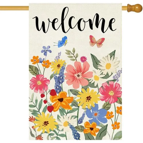 Spring Summer Welcome House Flag Double Sided 28x40 Inch Burlap,Floral Butter... PPZ