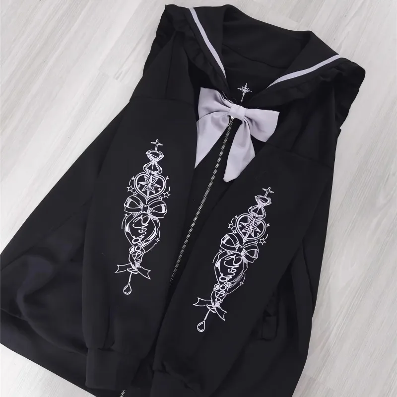 Autumn New Jacket Japanese Subculture Sailor Collar Embroidered Long Sleeves Zipper Coat Harajuku Clothes Black Sudaderas Mujer