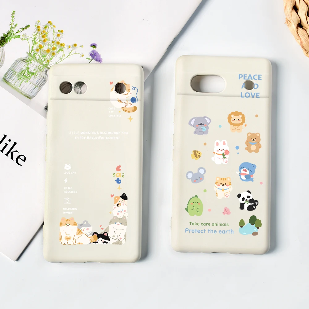 

Protection Shell for Google Pixel 7a 7Pro 7 Luxury Liquid Silicone Back Cover for Pixel 6a 6 6Pro Kawaii Cat Bear Phone Case