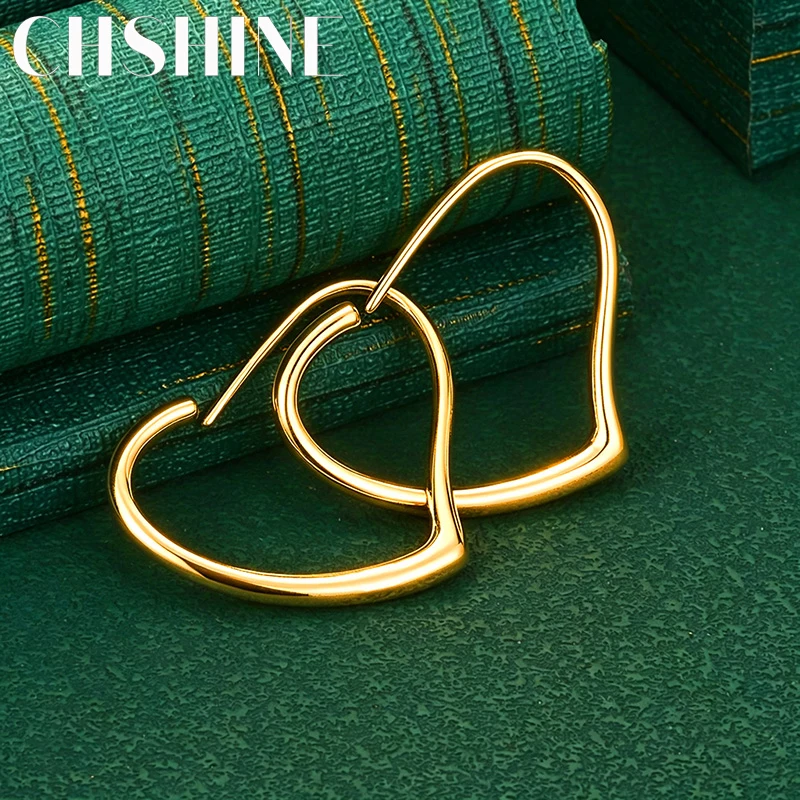 925 Sterling Silver 18K Gold Smooth Love Heart Hoop Earrings for Women Fashion Charm Wedding Party Jewelry