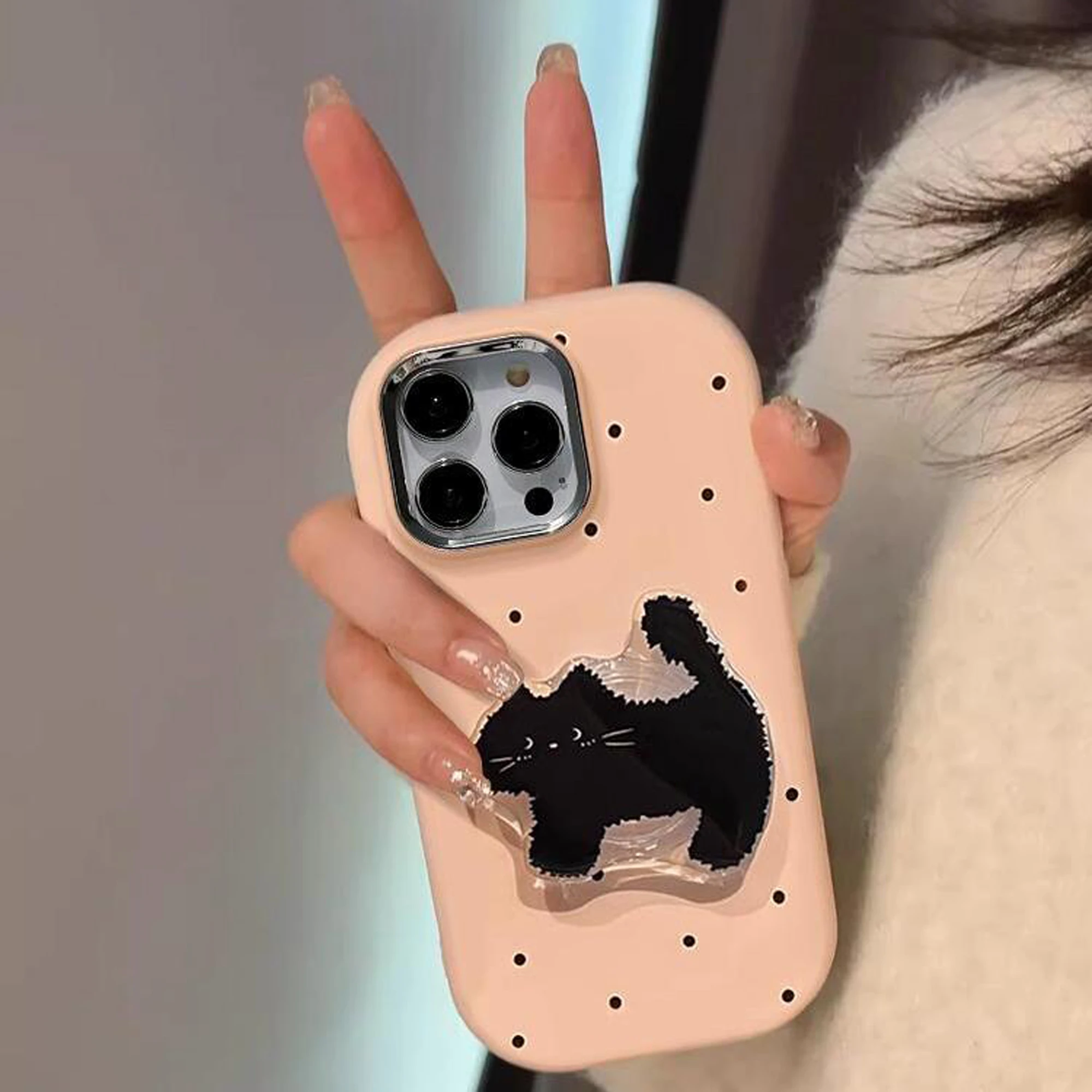 Cute Polka Dot TPU Phone Case With Cat holder For iPhone 15 14 13 12 11 Pro Max Drop Resistant Cartoon Phone Case