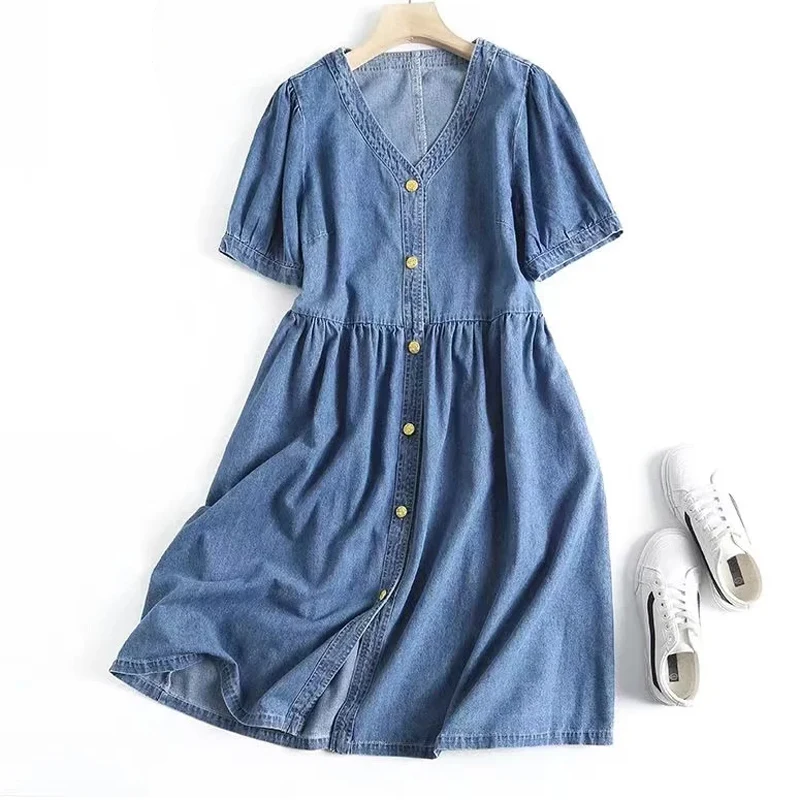 Denim Mini Shirt Dresses For Women Spring Summer Female V Neck Short Sleeve Large Size A Line High Waist Blue Buttons Vestidos