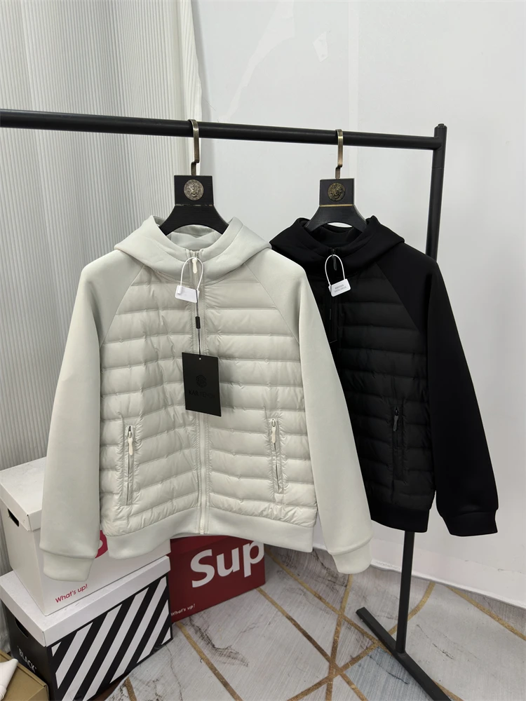 

Мужская повседневная модная куртка с 90% пуховым наполнителем, легкая, теплая, с капюшоном, из полиэфирного волокна, для активного отдыха, тонкая, с дизайнерскими вставками