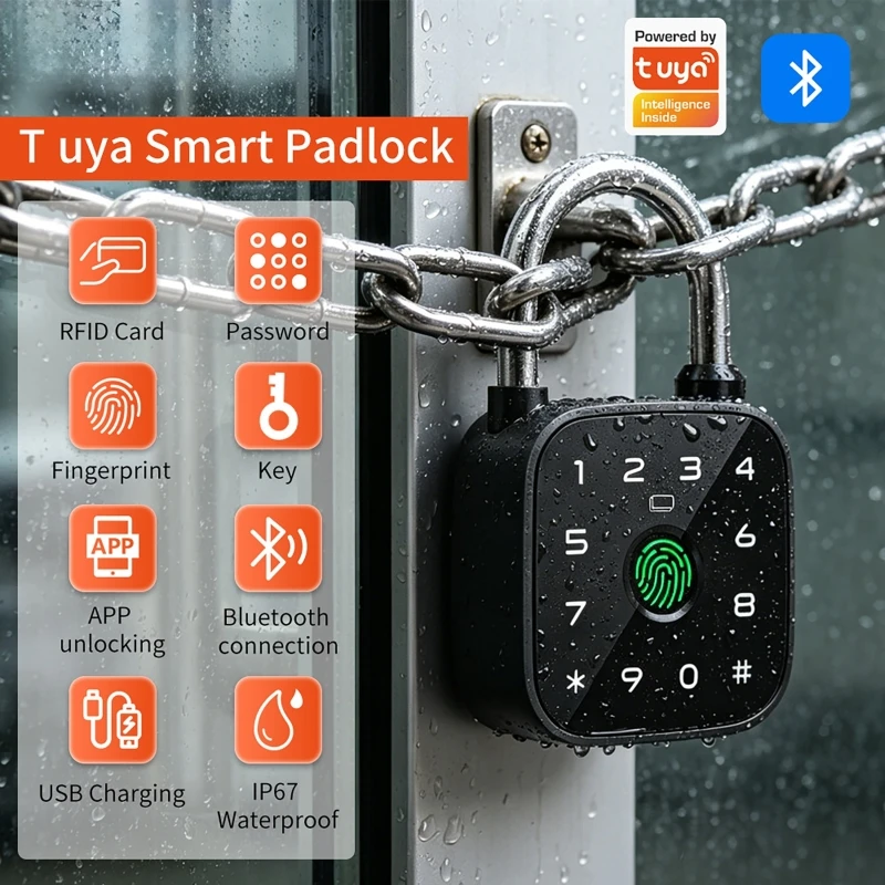 Smart Fingerprint Padlock Bluetooth Waterproof Anti-Theft Lock 6mm Shackle APP Password Card Key Type-C Rechargeable for Gym