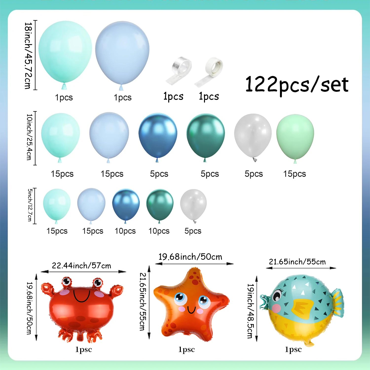 122-Piece Ocean-Themed Party Balloon Arch Kit, Light Blue, Teal, Lime Green Balloon Garland with Metallic Latex Balloons, Blue and Green Balloon