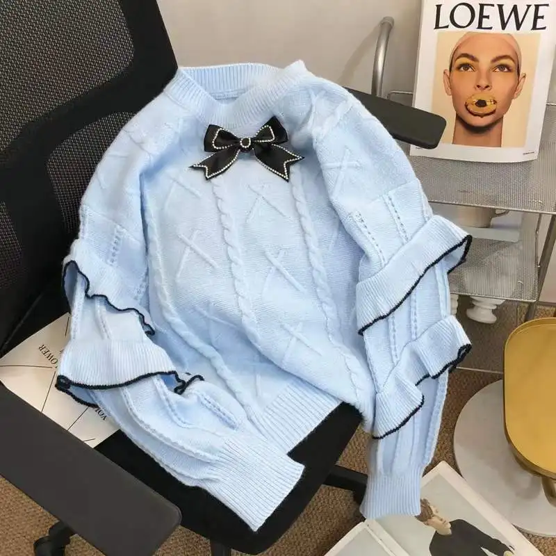 

2025 Autumn and Winter Fashion New Women's Elegant Knitted Design High End Cashmere Sweater Butterfly Knot Ruffle Edge Hoodie