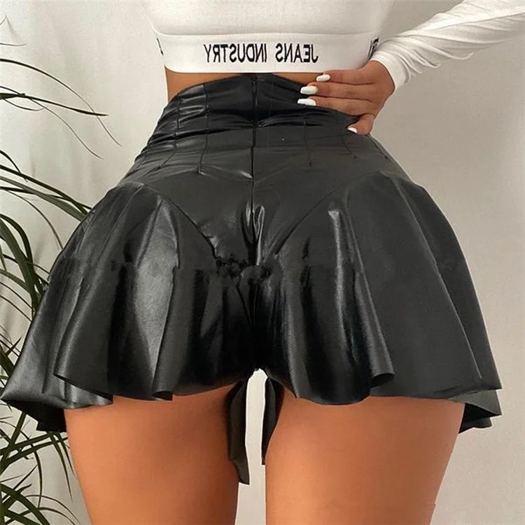 Women Sexy PU Leather Shorts Girls Nightclub Short Dance Skirt Shorts Pantskirt Ruffles Short Pants