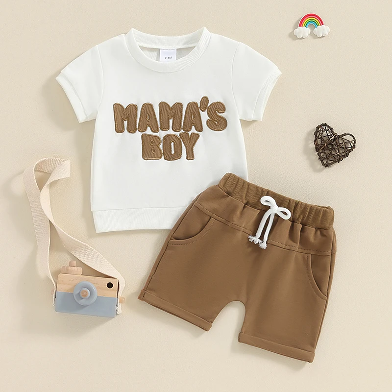 Lioraitiin Toddler Baby Boy Summer Clothes Mamas Boy Letter Embroidery Short Sleeve T-Shirt Tops Solid Shorts 2Pcs Outfit Set